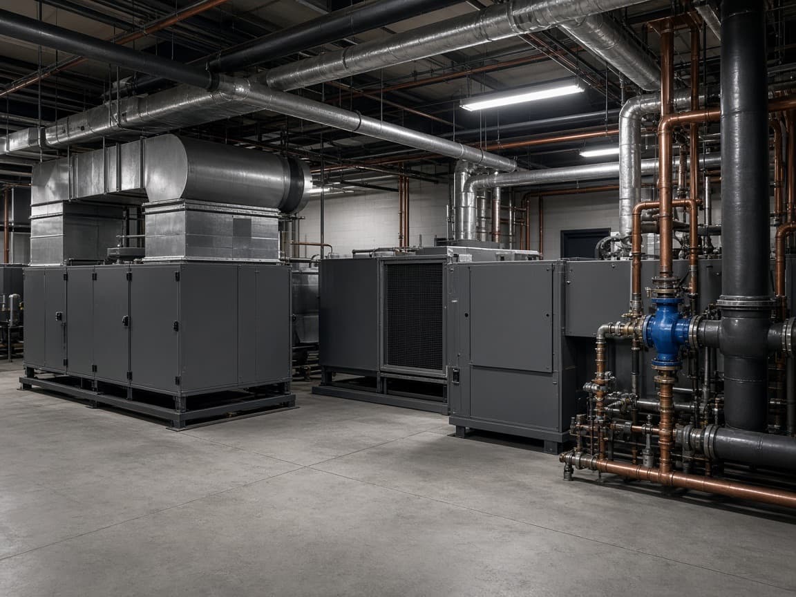 Commercial building mechanical plant room and HVAC systems
